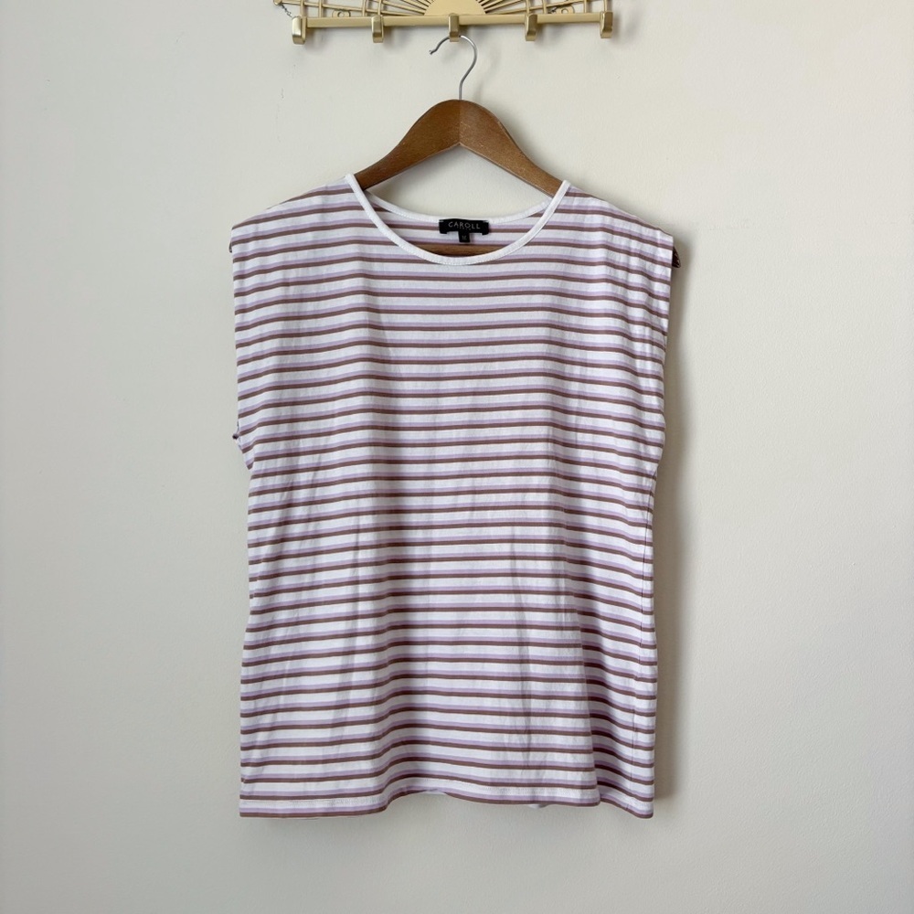 Caroll Paris Pink & Brown Striped Cap Sleeve T Shirt Medium French Chic
